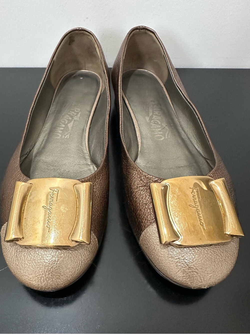Salvatore Ferragamo Metallic Bronze & Taupe Vara Bow Flats